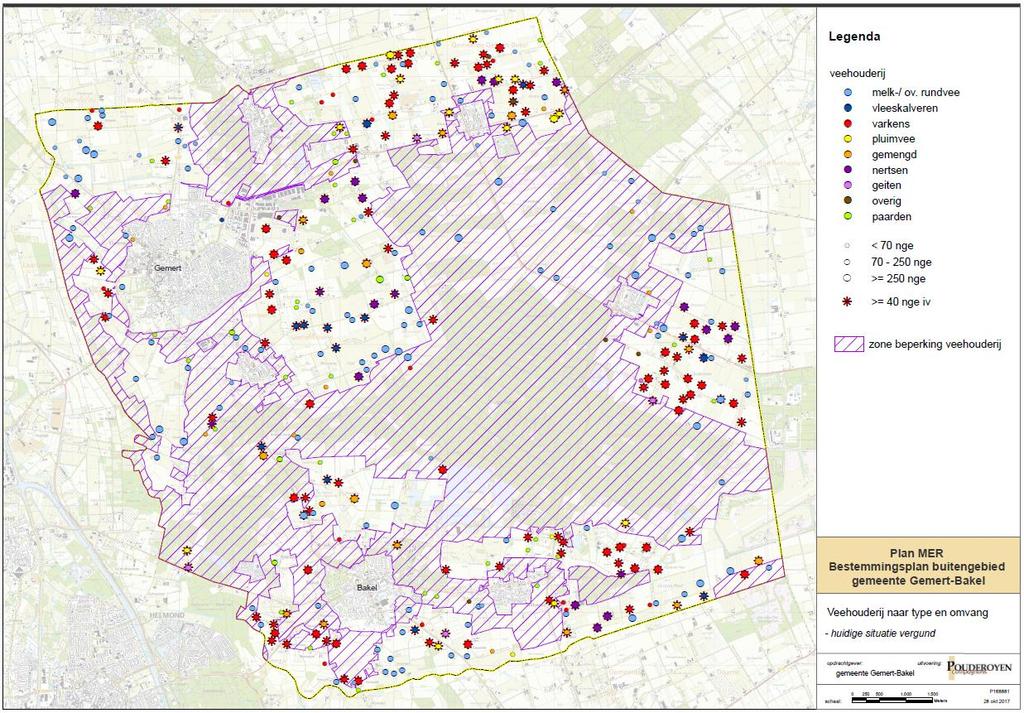 Figuur 2 Veehouderijen in Gemert-Bakel naar type (vergunningen okt 2017) en de zone Beperkingen veehouderij Regeling veehouderijen in bestemmingsplan Buitengebied In deze paragraaf wordt ingegaan op