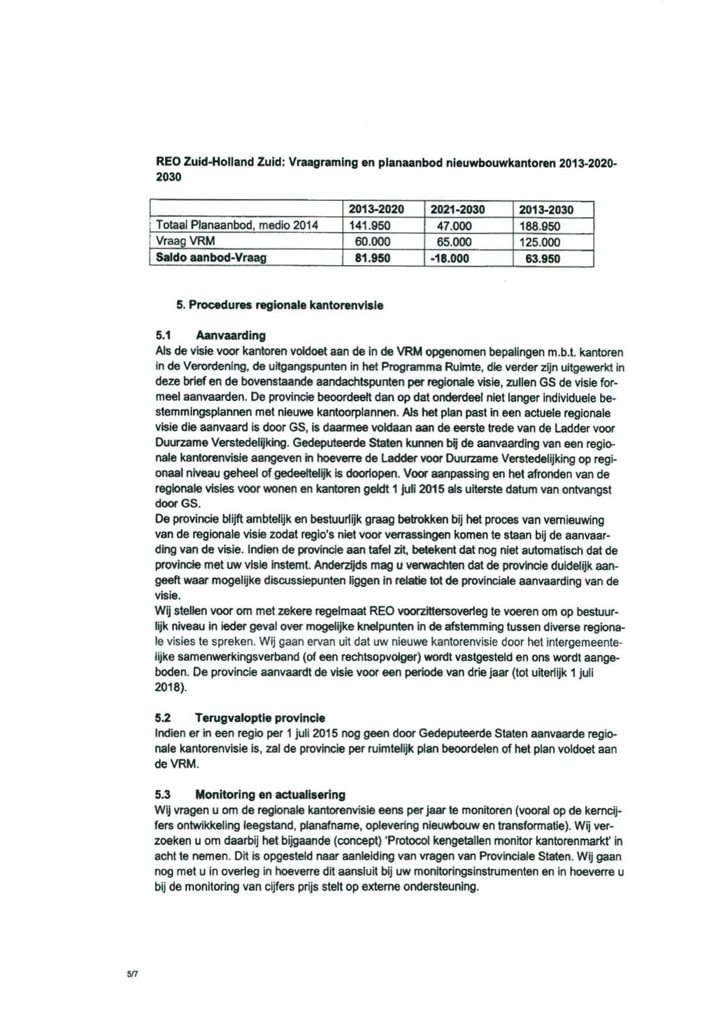 REO Zuid-Holland Zuid: Vraagraming en planaanbod nieuwbouwkantoren 2013-2020- 2030 2013-2020 2021-2030 2013-2030 Totaal Planaanbod, medio 2014 141.950 47.000 188.650 Vraag VRM 60.000 65.000 125.