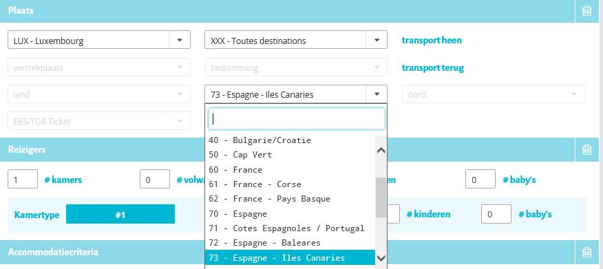 o Heeft de klant al een specifieke bestemming gekozen: selecteer dan de gewenste bestemming vooraleer alle aanbiedingen op te vragen Reizigers o Max 1 kamer per dossier o Geboortedatum = nodig voor