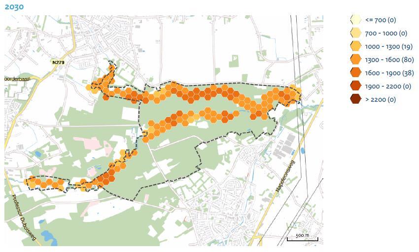 Figuur 3.3 Ruimtelijke verdeling van de stikstofdepositie in het Leudal in 2020 en 2030, weergegeven per hexagoon (AERIUS MONITOR 2016L).