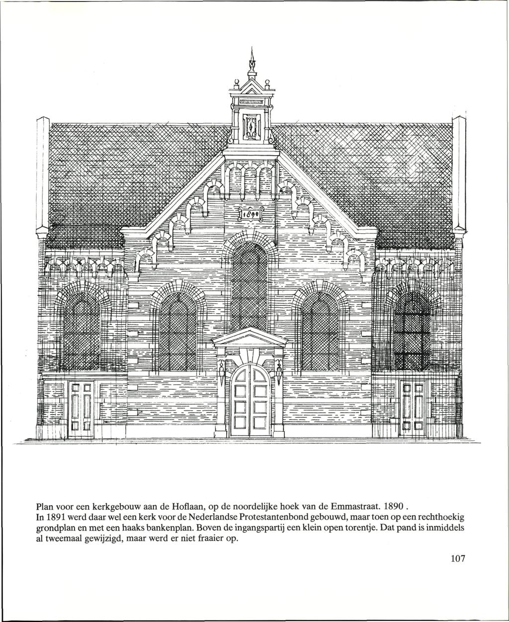 Plan voor een kerkgebouw aan de Hoflaan, op de noordelijke hoek van de Emmastraat. 1890.