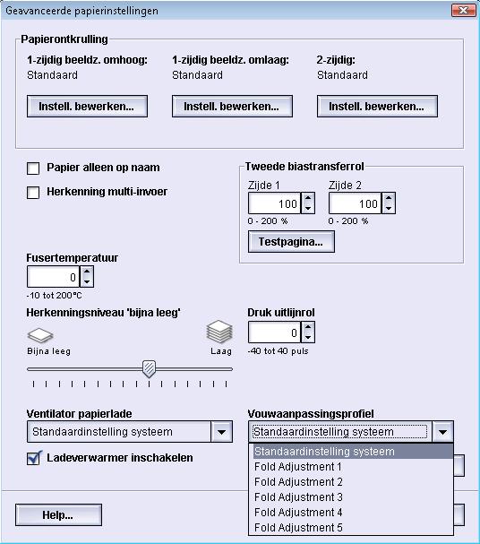 Geavanceerde papierinstellingen Vouwaanpassingsprofiel Met deze optie kunt u een door u gewenst vouwaanpassingsprofiel selecteren.