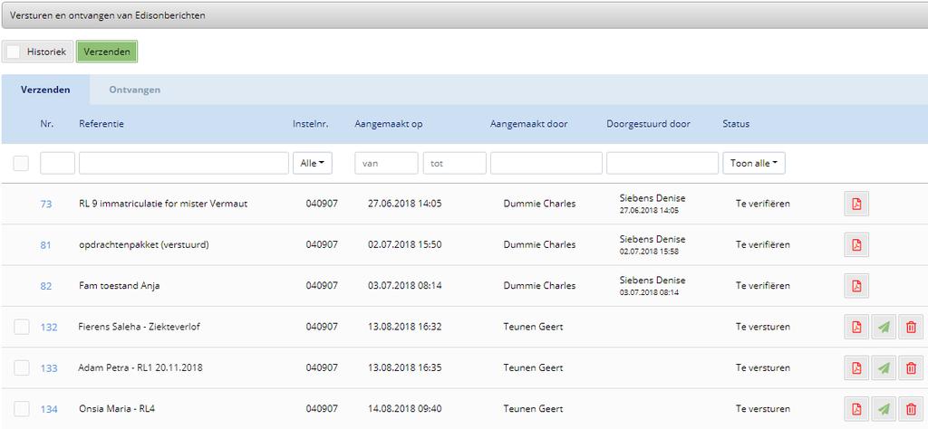 Via de knop Historiek kunt u de geverifieerde en verwijderde zendingen terug oproepen: Door op de kolomhoofding te klikken kunt u sorteren op