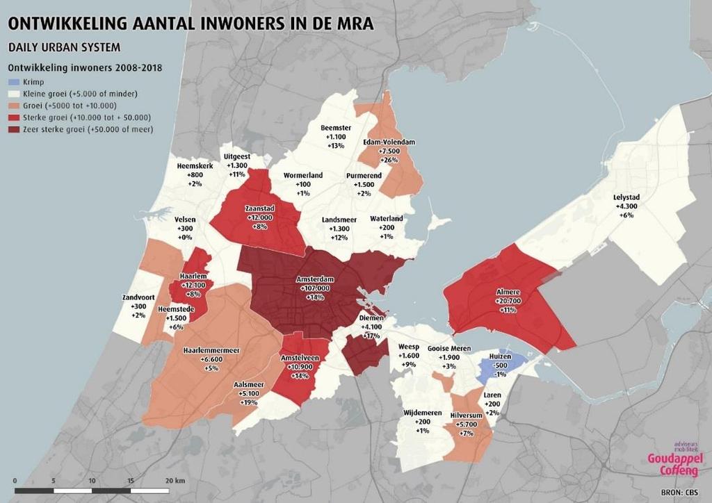 Figuur 1: Ontwikkeling van het aantal inwoners per gemeente in de MRA, periode 2008-2018. Bron: CBS, Regionale kerncijfers.