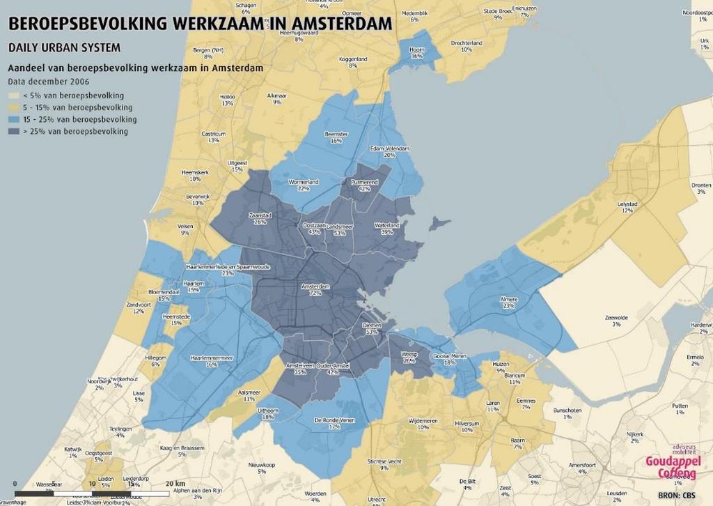 Figuur 5: Beroepsbevolking van gemeenten werkzaam in de gemeente Amsterdam in 2006. Bron: CBS, Banen van werknemers. Figuur 6: Beroepsbevolking van gemeenten werkzaam in de gemeente Amsterdam in 2016.