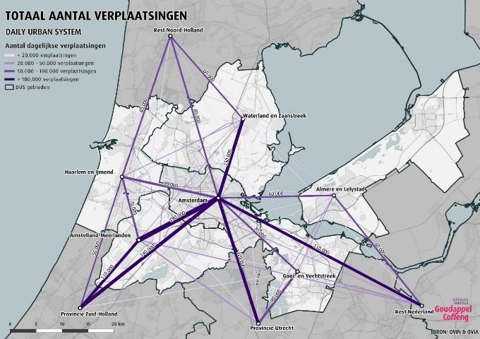 Figuur 7a t/m d: Verplaatsingen per werkdag in de MRA, uitgesplitst naar vervoerswijze (hoofdvervoerwijze). Bron: CBS, OViN (met aanvulling meerwerk Amsterdam (OViA)), 2010-2017.