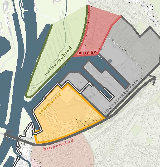 In de huidige situatie (Figuur 19) ligt de haven omsloten door het gebied van het Designer Outlet (commercie), het dorp Leeuwen (wonen) en de Groote Stadsweide (natuurgebied). Zie Figuur 19 hiernaast.