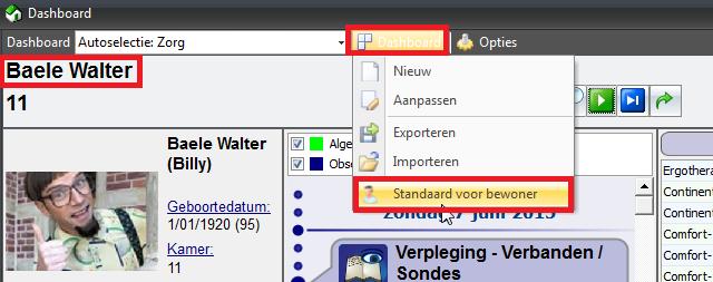 Deze selectie zorgt er voor, dat bij de selectie van deze bewoner, het dashboard getoond wordt dat voor deze