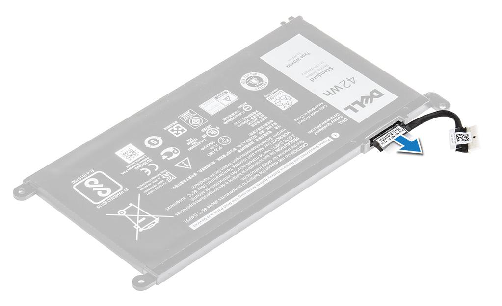 De batterijkabel plaatsen 1 Sluit de batterijkabel aan op de batterij. 2 Plaats: a b batterij achterplaat 3 Volg de procedure in Nadat u in de computer hebt gewerkt.