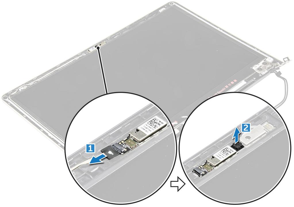 d e f g LED-kaart systeemventilator beeldschermeenheid montagekader van het beeldscherm 3 Verwijder de camera als volgt: a Koppel de kabel van de cameraconnector los [1].