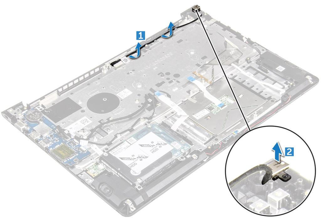 d e f g h i j LED-kaart systeemventilator beeldschermeenheid SSD geheugen warmteafleider moederbord 3 Verwijder de stroomconnector als volgt: a Verwijder de stroomconnectorkabel uit de geleiders [1].