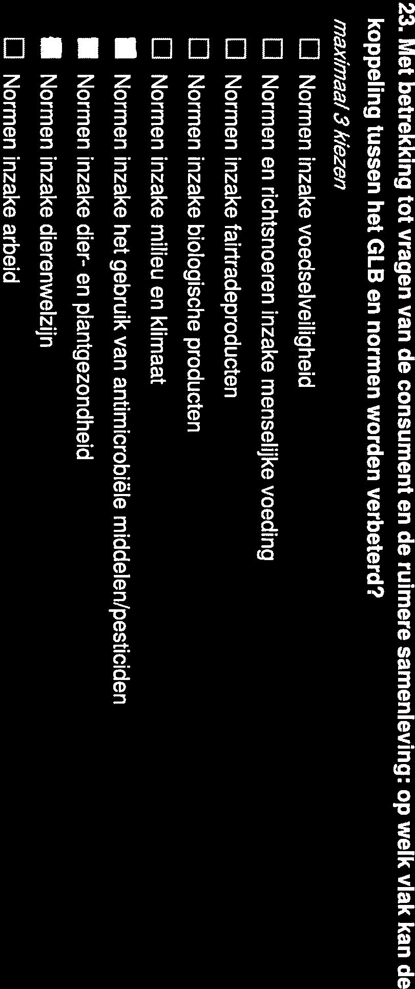 23. Met betrekking tot vragen van de consument en de ruimere samenleving: op welk vlak kan de koppeling tussen het GLB en normen worden verbeterd?