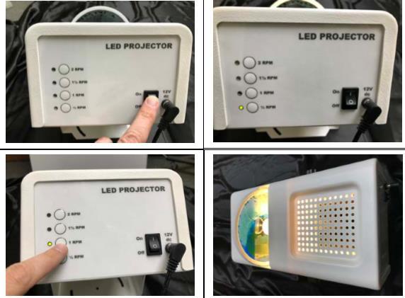 8. Extra informatie Nadat uw effectwiel is geïnstalleerd, schakelt u de LED-projector in met behulp van de aan / uitschakelaar.