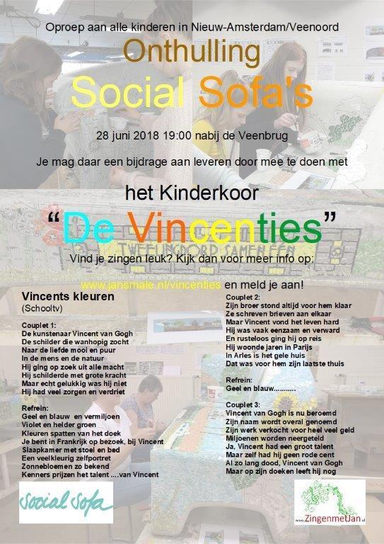 Onthulling Social Sofa's 28 juni 2018 19:00 nabij de Veenbrug Je mag daar een bijdrage aan leveren door mee te doen met het Kinderkoor De Vincenties Repetities: 5, 12, 19 juni