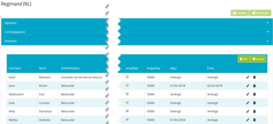 VADEMECUM VOOR DE DOOR DE WET AANGEDUIDE INFORMATIEVERSTREKKERS/33 Om de concrete lijst van de mandatarissen van uw instelling in te dienen, gebruikt u de contactbalk Mandaten.