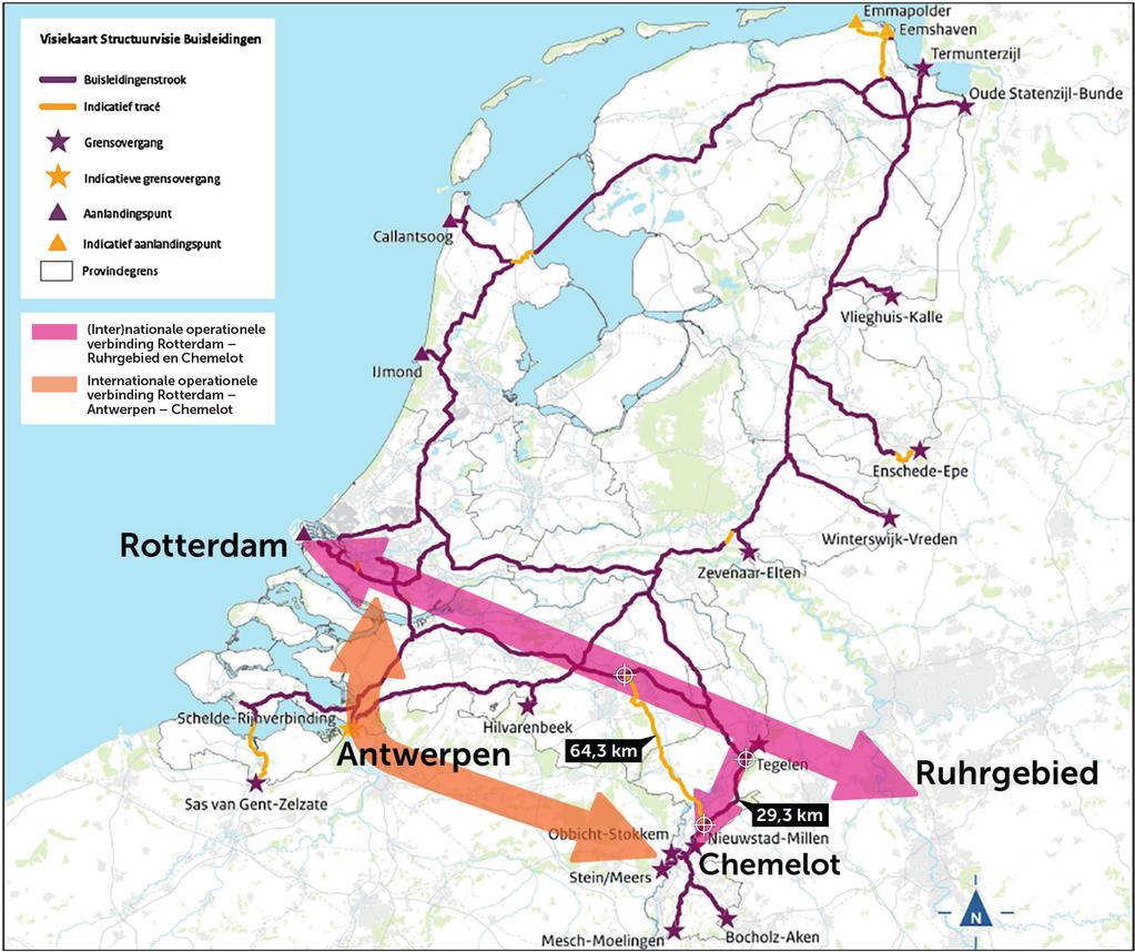 Afbeelding 3: De vastgestelde verbinding tussen Rotterdam en Ruhrgebied (paarse lijn) is een (inter)nationale verbinding en is als zodanig opgenomen in de hoofdstructuur buisleidingen.