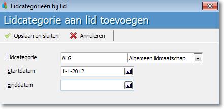 Lidcategorieën en contributieladders Selecteer in het veld Lidcategorie de juiste categorie uit de keuzelijst en vul bij Startdatum de datum in waarop het lid voor het eerst bij de lidcategorie hoort.