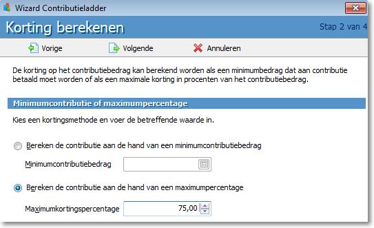 Lidcategorieën en contributieladders Stap 2 Korting berekenen In de tweede stap van de wizard kunt u kiezen voor een minimumcontributiebedrag of een maximumkortingspercentage.