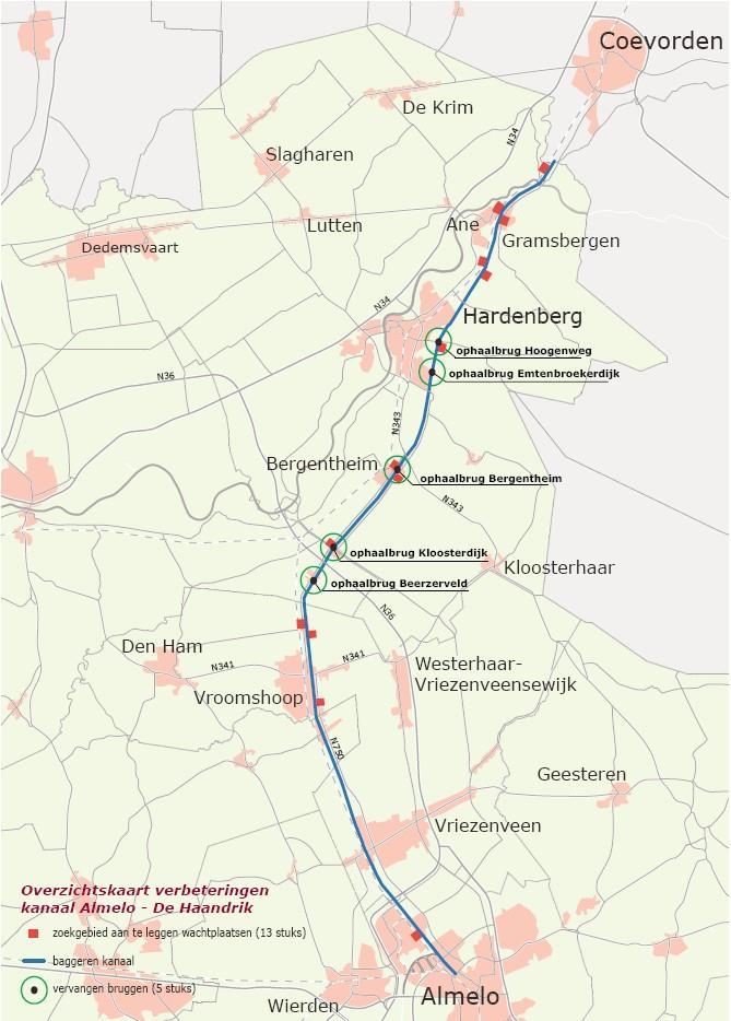 Om een beeld te geven van het kanaal volgt hierna een overzichtskaart van de verbeteringen die zijn verricht aan het kanaal Almelo - De Haandrik. Figuur 2: Kanaal Almelo - De Haandrik 26 Bron: www.