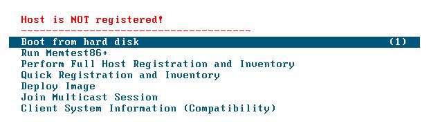 - Stel de bios in dat je wil opstarten vanaf je netwerk (met PXE) - Als alles goed is krijg je onderstaand scherm te zien - Kies voor Perform Full Host Registration and Inventory - Beantwoord de