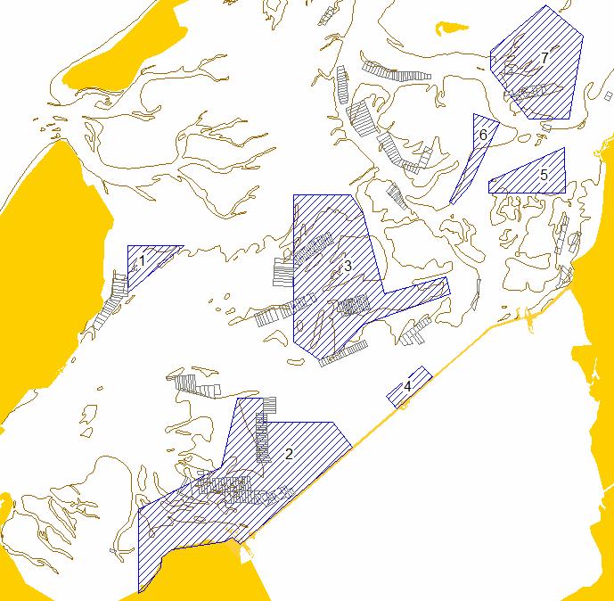9.3 Coördinaten gesloten gebieden mosselvisserij Mosselconvenant. De blauw ingetekende gebieden zijn gesloten voor de mosselzaadvisserij conform de afspraken in het mosselconvenant.