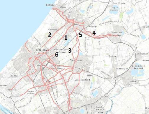 Figuur 7: Snelfietsroutes omgeving Den Haag en Leiden. Links de provinciale routes, rechts de landelijke routes. Uit figuur 6 en 7 blijkt dat rondom de A4 diverse fietsroutes zijn gelegen.