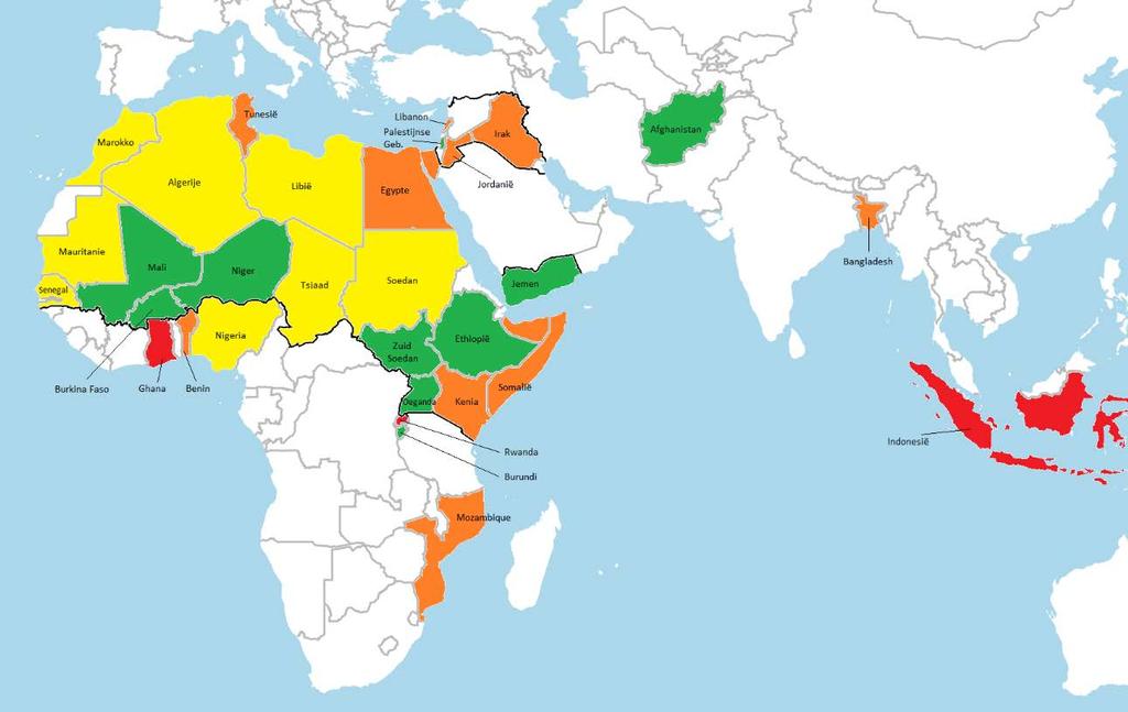 Figuur 1: Karakter van de bilaterale OS-relatie binnen en buiten de focusregio s Groen: Brede SDG-relatie Oranje: OS-inzet op specifieke doelen Geel: OS-bijdrage binnen breder buitenlandbeleid Rood: