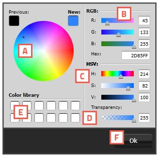Voorbeeld van het stijl tabblad in element eigenschappen. Kleurenvenster Kies een kleur voor een rand of achtergrond doormiddel van het pop-up kleurenvenster.