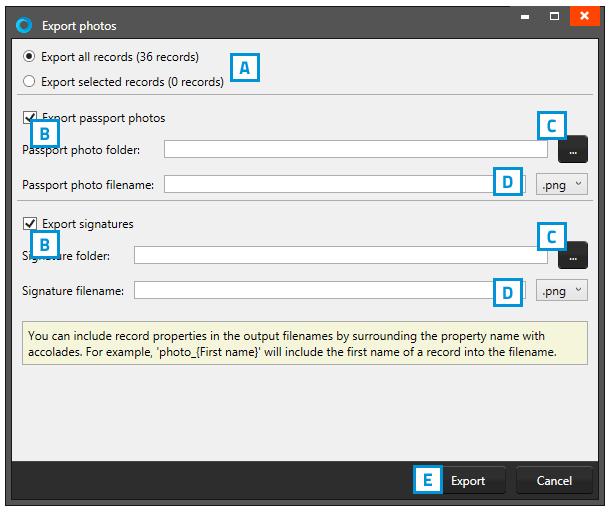 B. Voer hier de nodige bestandsnaam in voor de foto s C. Selecteer de folder waar de handtekeningen heen geëxporteerd moeten worden. D.