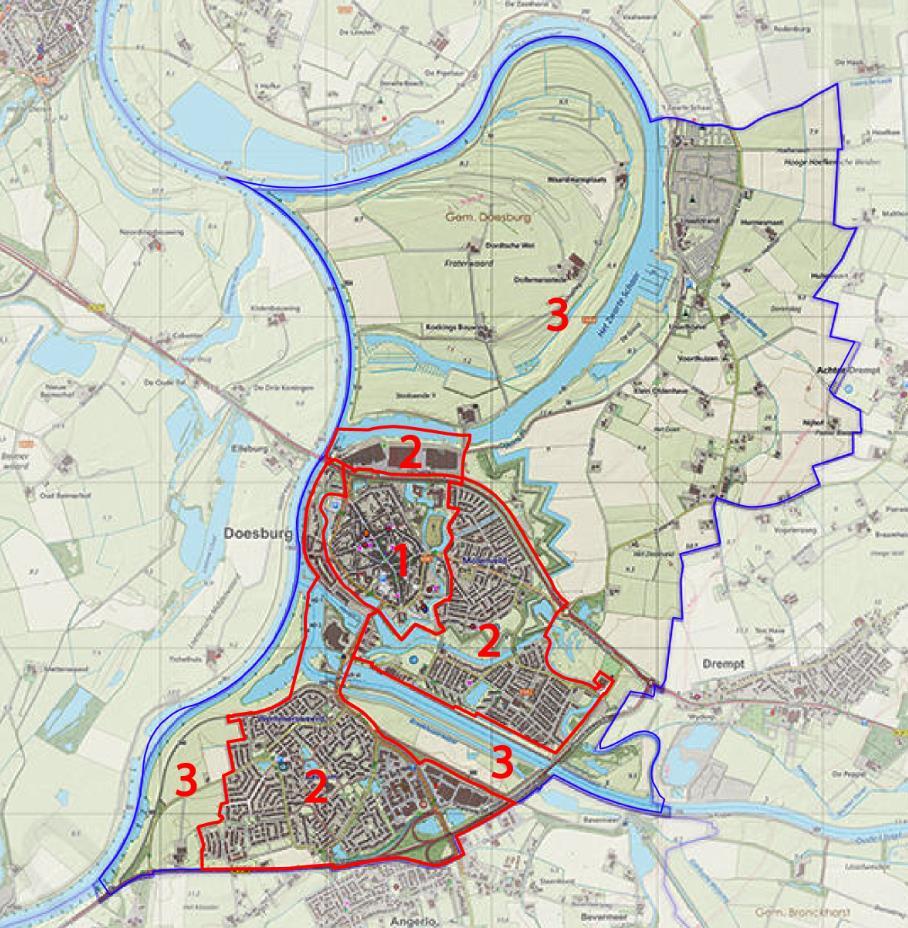 Indeling van Doesburg in deelgebieden t.b.v. parkeerregeling 1 Centrum 2 Rest bebouwde kom 3 Buitengebied Afwijken van de parkeernorm In bepaalde situaties kan worden afgeweken van de parkeernorm.