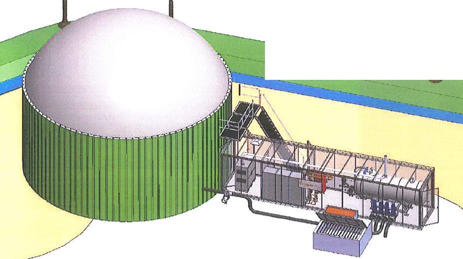 Onderstaande afbeelding geeft een schematische weergave weer van de installatie. De vergister zal gevoed worden met rundveedrijfmest. Het biogaspotentieel neemt naarmate de mest ouder wordt snel af.