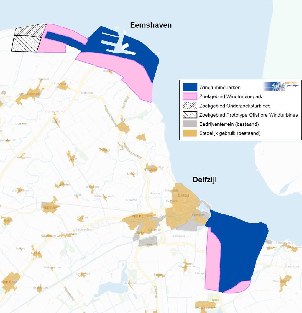 17 Figuur 2.5 Windenergie gebieden in de Eemshaven en Delfzijl Bron: Kaart aangeleverd door de Provincie Groningen Kader 2.