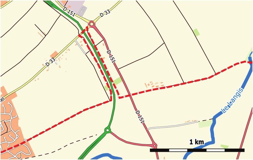 Traject 1.2 blz 30 Km 54.8 Direct na kruising van de D151: Hier ligt inmiddels een nieuwe rondweg (op het kaartje in groen aangegeven). Het oversteken ervan is levensgevaarlijk!