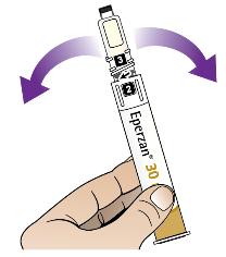 2b Beweeg de pen 5 maal, langzaam en voorzichtig, van de ene naar de andere kant (zoals een ruitenwisser) (Figuur H). Dit zal helpen het geneesmiddel te mengen.