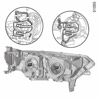 KOPLAMPEN: vervangen van een lamp (2/3) 5 6 Gebruik uitsluitend anti-u.v. 55W lampen om de plastic ruit van de koplampen niet te beschadigen. Raak het lampglas niet aan.