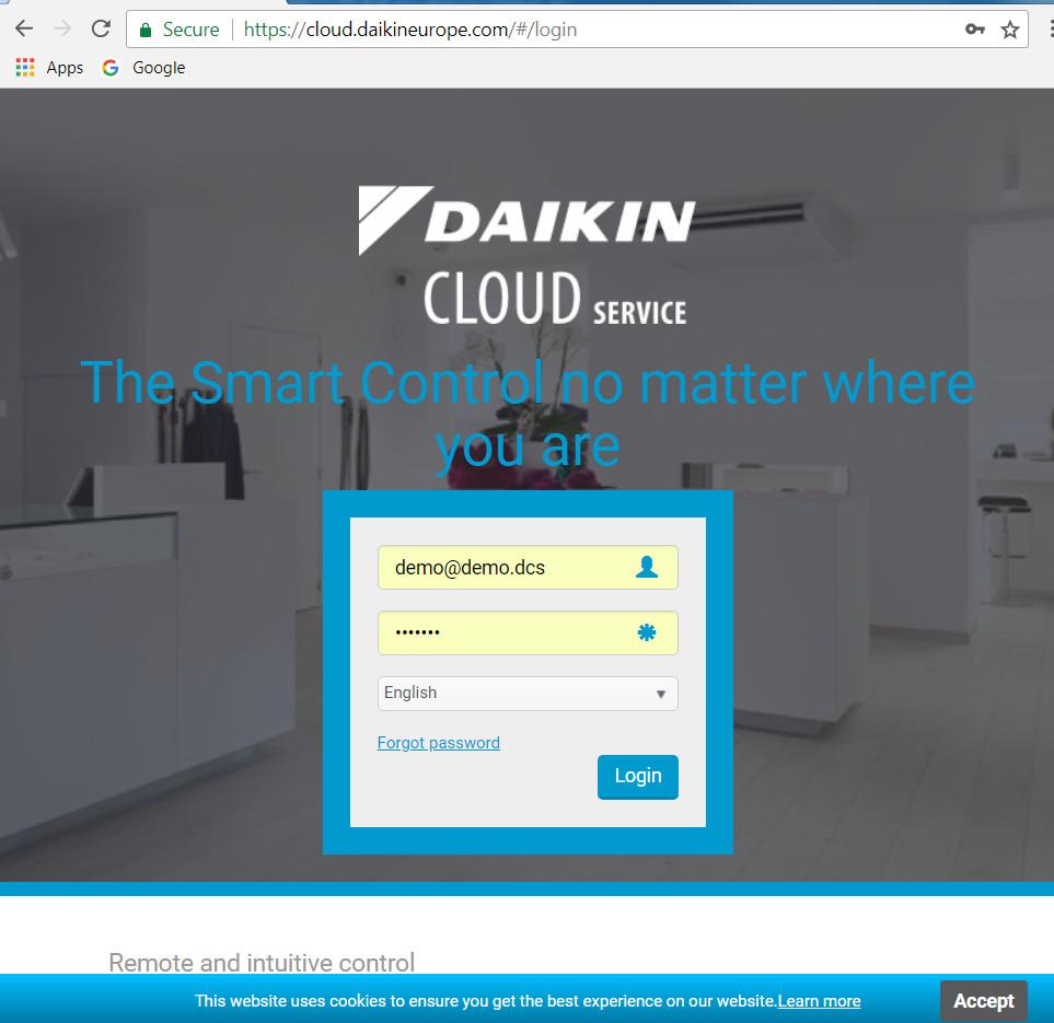 3 Beschrijving vn het systeem 3.2 Over het gebruik vn cookies De mkt gebruik vn cookies. G nr https:// cloud.dikineurope.com en klik op de COOKIES-link links ondern de pgin om ze te lezen. 3.3 Inloggen in de Dikin Cloud Service 1 G in uw browser nr https://cloud.