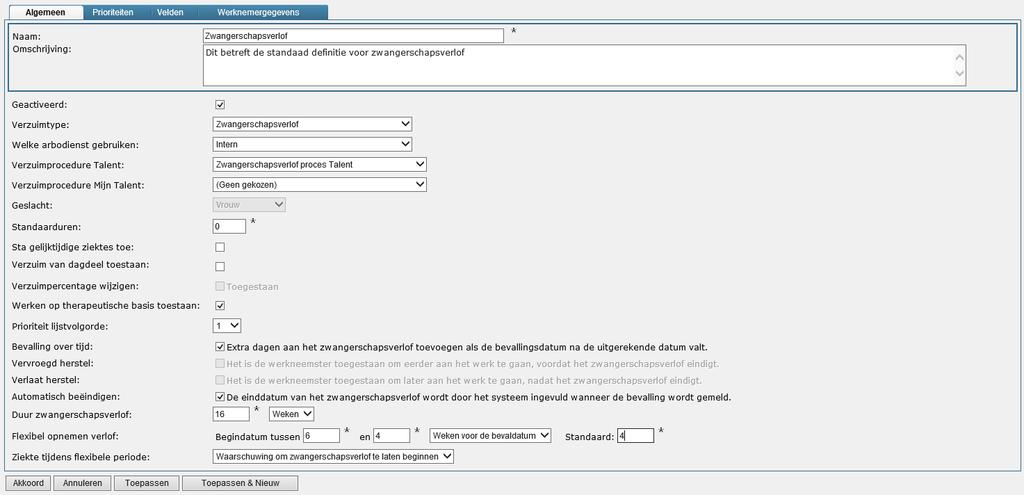 3 Tabblad Algemeen 4.2.3.1 Naam Geef hier de naam van de verzuimdefinitie in. Deze kunt u op een later moment nog wijzigen. 4.2.3.2 Omschrijving Geef hier de omschrijving van de definitie in.