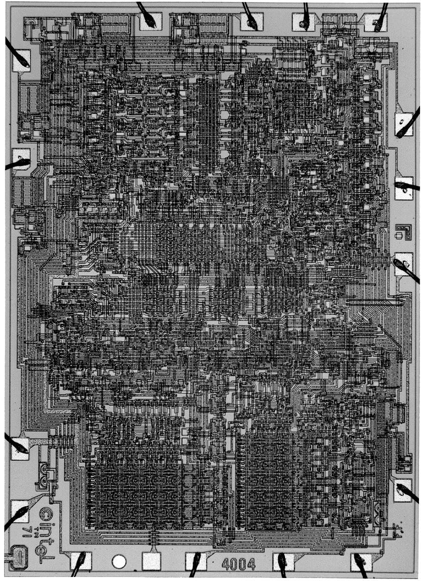 Een oudtje : de Intel 4004 microprocessor (1971) NMOS-technologie 1000