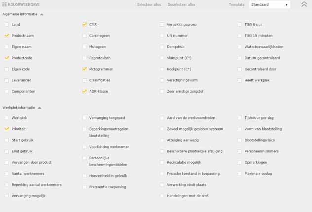 Het volgende vak wordt dan geopend: Hier kunt u selecteren welke kolommen u in de rapportage wilt zien.