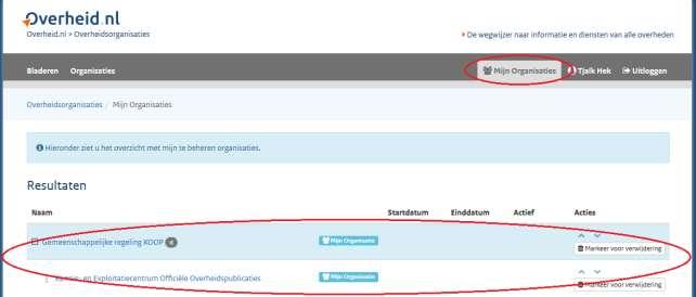 Na het inloggen ziet u onder het tabblad Mijn Organisaties een overzicht van alle gemeenschappelijke regelingen (en eventuele andere organisaties), waarvoor u gerechtigd bent om deze te beheren.