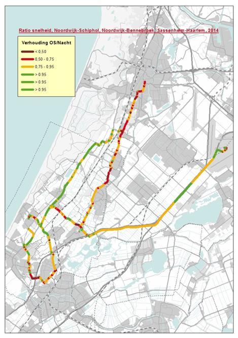 Figuur 23. Ratio snelheid op trajecten 2014 ochtendspits richting noorden (links) en avondspits richting zuiden (rechts) 19 De gegevens van de provincie Noord-Holland zijn te zien in Figuur 24.