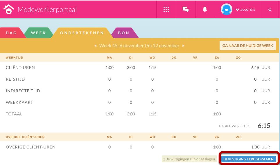 In het bovenstaande voorbeeld is de week bevestigd. Dit is te zien doordat de optie bevestigen is veranderd naar "Bevestiging terugdraaien".