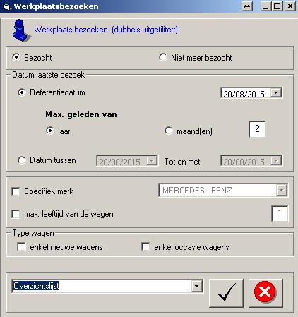 1.7. Lijst werkplaatsbezoeken Via menu Wagenpark\Lijsten selecties\werkplaatsbezoeken kan je zelf bepalen voor welke periode je een lijst wil opmaken met naam en adres van de klant, aangevuld met