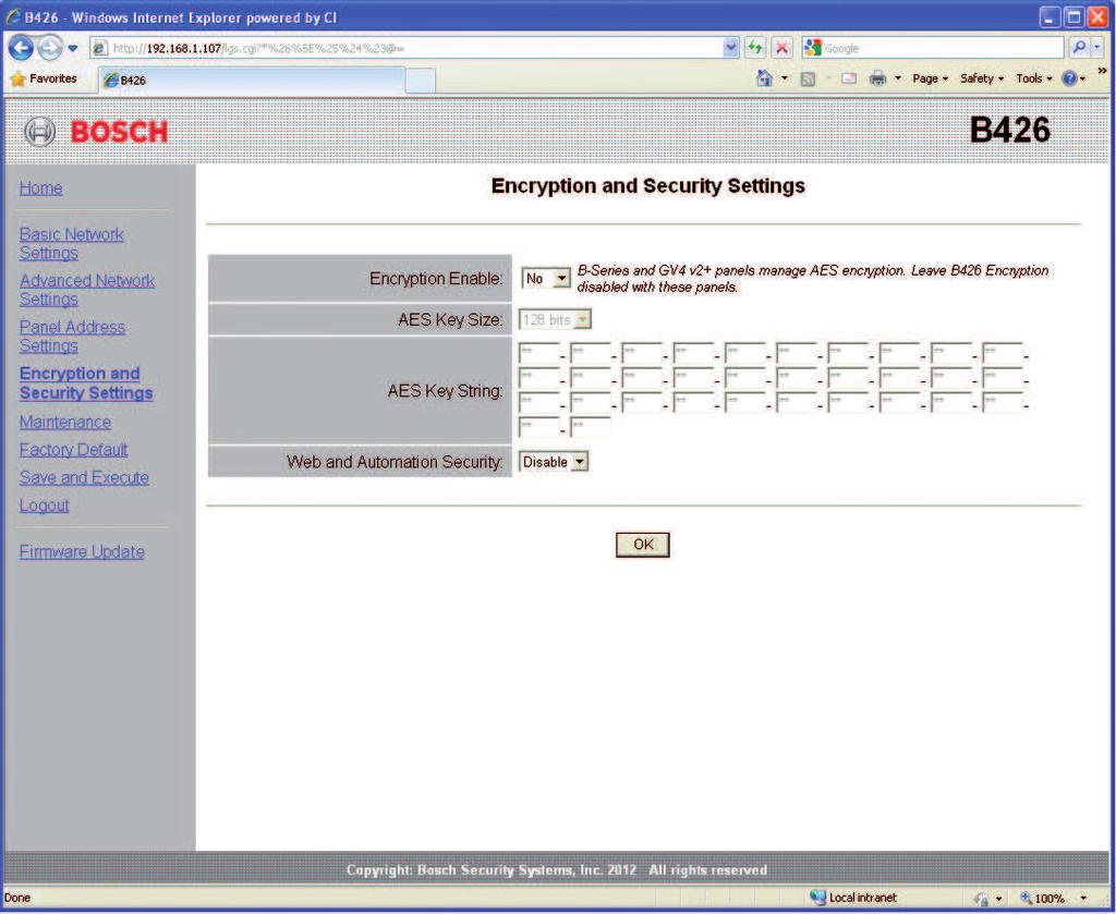 24 nl Configuratie Conettix Ethernet Communicatiemodule 5.3.7 Encryption and Security Settings page Afbeelding 5.