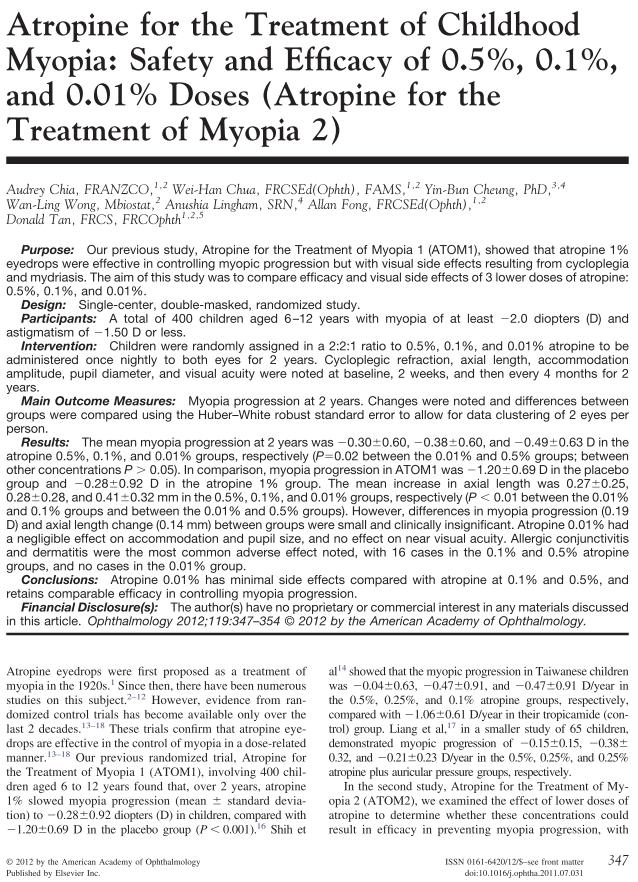 Atropine en myopie controle (Chia et al.