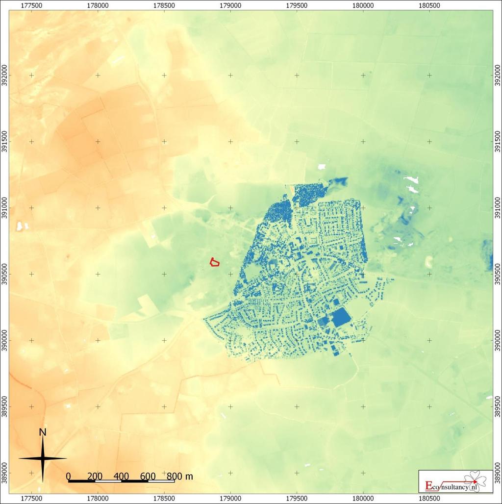 Figuur 7. Situering van het plangebied binnen het Actueel Hoogtebestand Nederland (AHN) 25 Hoekendaal tussen 9 en 11 te Bakel.