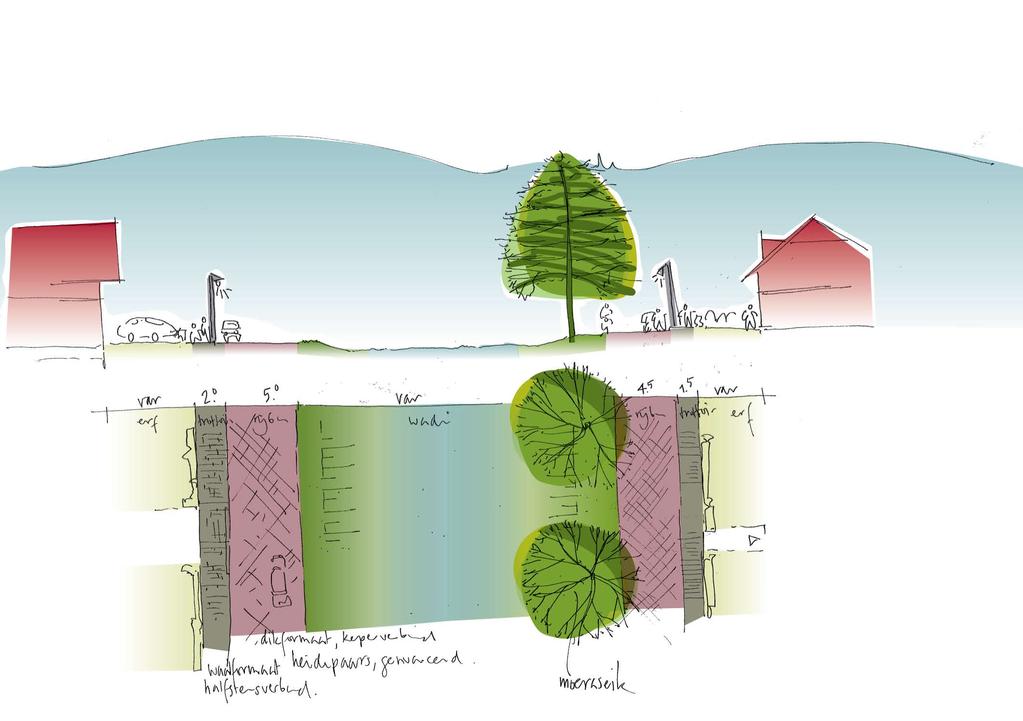 Groene wiggen Aan weerszijden van de groenvoorziening met wadi