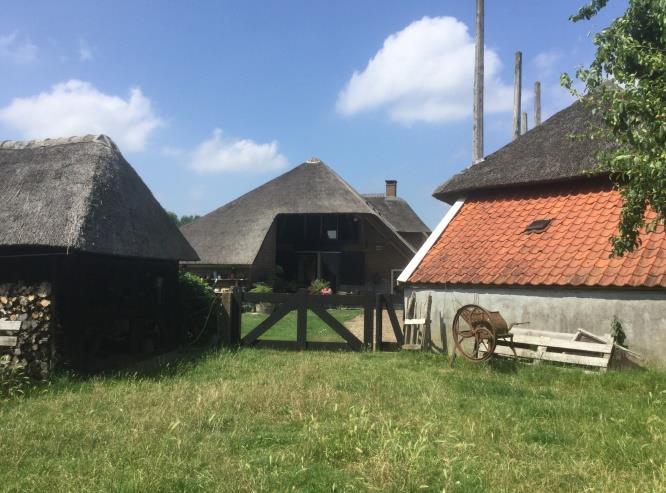 Zandstraat 60, voor- en achterzijde Zeer opmerkelijk zijn de drie aan de linkerzijde van het erf staande aaneen gebouwde schuurbergen, waarvan twee van het type vijfroedige hooiberg met dwarsbalk.