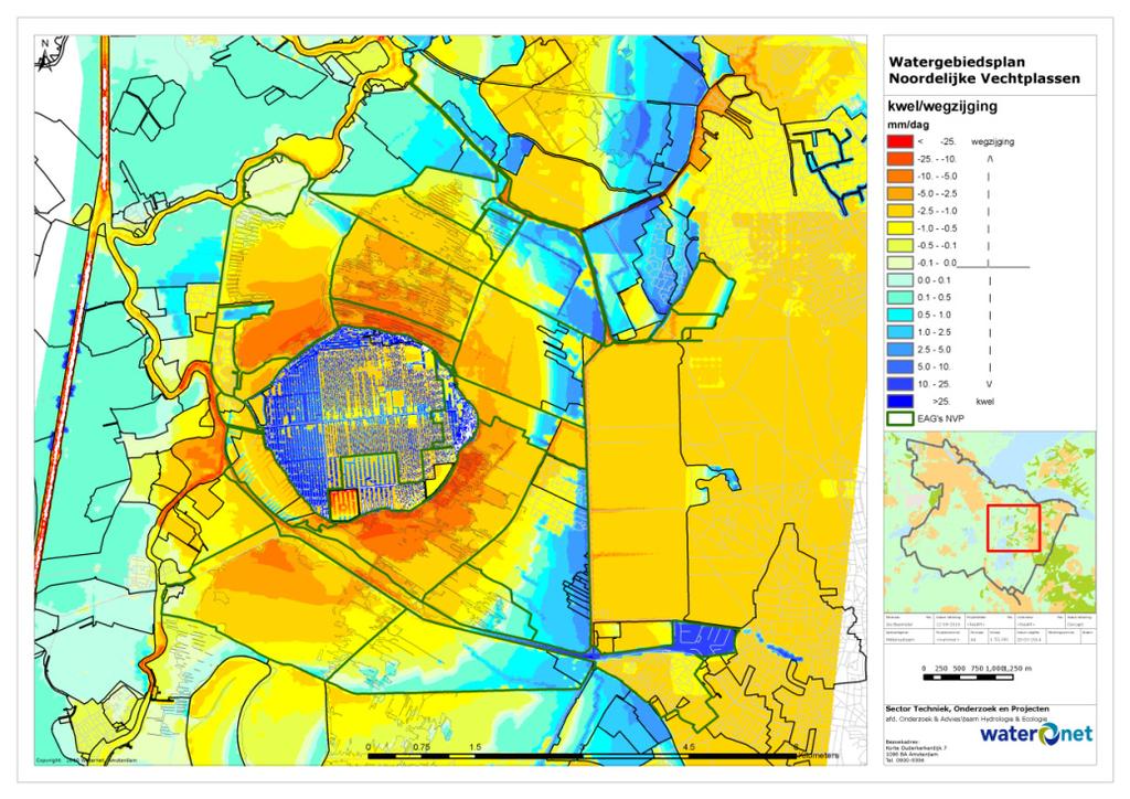 Fig.9.5. Doorsnede met regionale grondwaterstroming Fig. 9.6: Huidige situatie kwel (blauwe tinten) en wegzijging (gele en oranje tinten) (J. Beemster, Waternet).