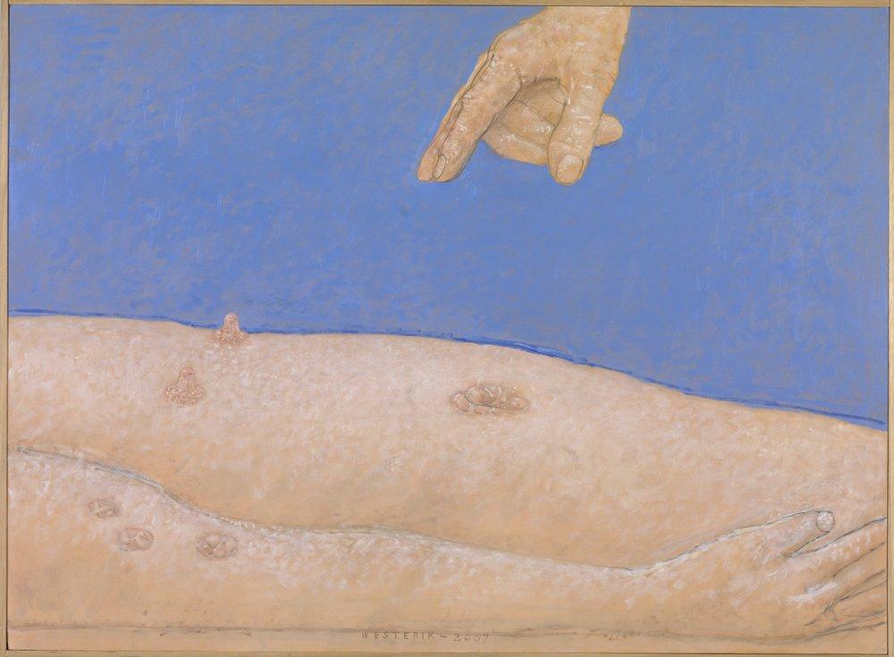 Co Westerik, 'Hand boven torso' (2007, tempera, alkydverf en olieverf op doek) en 'Grammofoonspeler' (1971, olieverf en tempera op doek op paneel). Museum Boijmans Van Beuningen, Rotterdam.